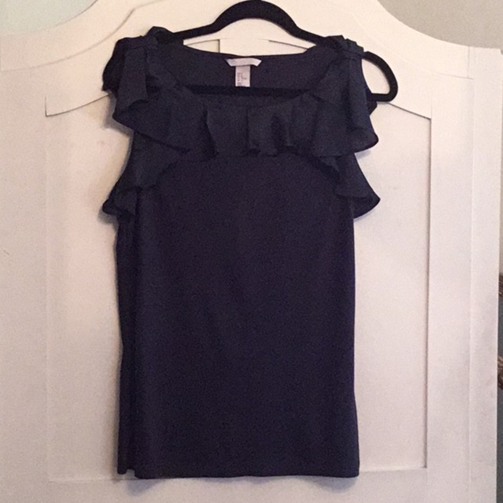 NWOT H&M Silk Ruffled Bow Shoulder Top Navy Medium